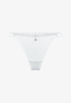 Witte kanten tong met bloemmotieven, zachte stof en delicate franjes aan de zijkanten. Inclusief een zilveren logo-accent aan de voorkant.