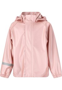 Rosa vattentät jacka gjord av glänsande tyg. Har en huva, elastiska manschetter och ett reflekterande grått band på ärmen. Enkelt design.