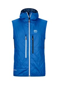 Blau gesteppte Weste mit Kapuze, ausgestattet mit einem weißen Reißverschluss, zwei vorderen Reißverschlusstaschen und einem Logo auf der linken Brust. Hergestellt aus synthetischem Material.