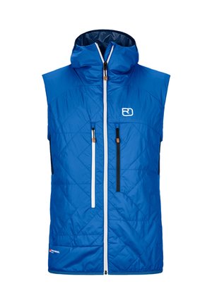 Blue quilted vest with a hood, featuring white zipper, two front zip pockets, and logo on the left chest. Made of synthetic material.