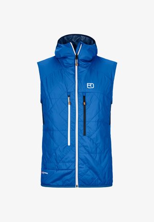 Blue quilted vest with a hood, featuring white zipper, two front zip pockets, and logo on the left chest. Made of synthetic material.