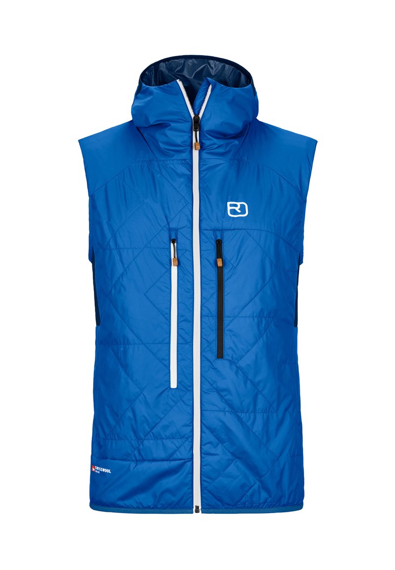 Blau gesteppte Weste mit Kapuze, ausgestattet mit einem weißen Reißverschluss, zwei vorderen Reißverschlusstaschen und einem Logo auf der linken Brust. Hergestellt aus synthetischem Material.
