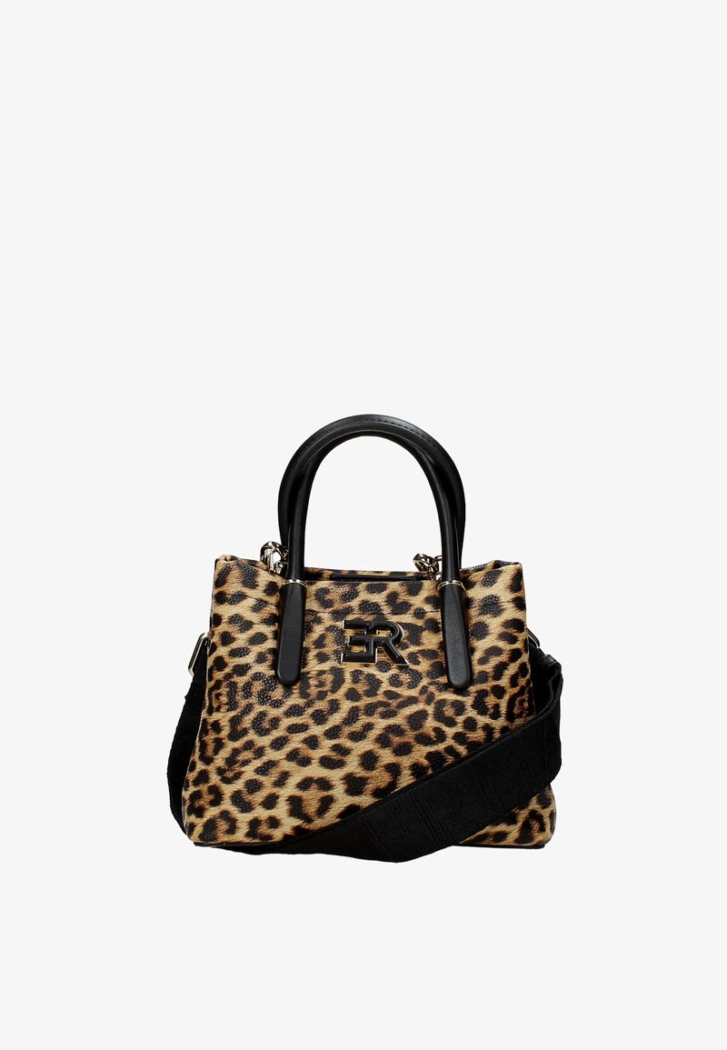 Borsa a tracolla con stampa leopardata, superficie texturizzata, manici neri e tracolla removibile. Presenta dettagli metallici e un design compatto.