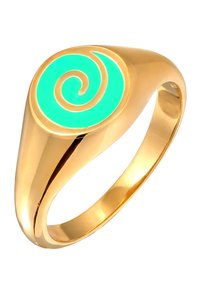 Goldring mit einem türkisfarbenen Spiralmuster auf einer glatten, runden Fläche. Der Ringumfang ist schlank und poliert und verjüngt sich zur Rückseite hin.