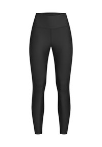 Leggings negros acanalados con una cintura alta, hechos de un material elástico. El diseño es ajustado, con una textura suave y sin patrones visibles.