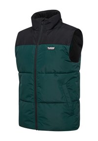 Chaleco sin mangas acolchado en verde y negro con un alto cuello, cierre de cremallera y bolsillos frontales. Presenta textura acolchada y logo en el pecho.