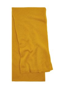 Musztardowo-żółty, dziergany szalik o miękkiej fakturze, prostokątny z lekko podwiniętym brzegiem, z gładkim i jednolitym wykończeniem.