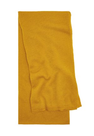 Musztardowo-żółty, dziergany szalik o miękkiej fakturze, prostokątny z lekko podwiniętym brzegiem, z gładkim i jednolitym wykończeniem.