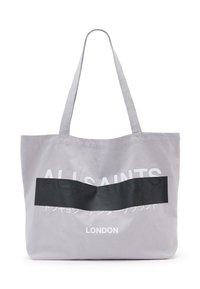 Borsa a tracolla grigia in tela con due spallacci, caratterizzata da testo bianco e un blocco orizzontale nero sulla parte anteriore. Forma rettangolare.