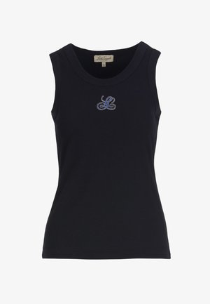 Fekete, ujjatlan, testhez simuló trikó, kerek nyakkivágással és a mellkas közepén kis kék hímzett "L" logóval.