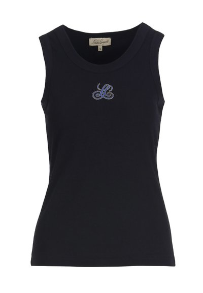 Fekete, ujjatlan, testhez simuló trikó, kerek nyakkivágással és a mellkas közepén kis kék hímzett "L" logóval.