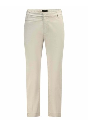 Beige slim-fit broek met riemlussen, rits- en knoopsluiting en een klein zakje aan de rechter voorkant.