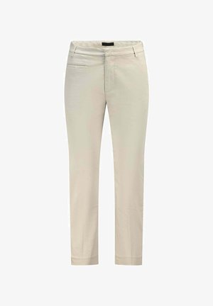 Beige slim-fit broek met riemlussen, rits- en knoopsluiting en een klein zakje aan de rechter voorkant.