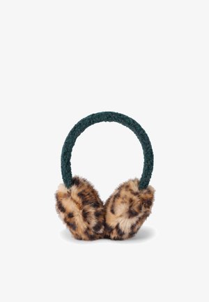 Oorkappen van namaakbont met een groen geweven band, met oorbedekkingen in luipaardprint en een zachte textuur voor warmte en comfort.