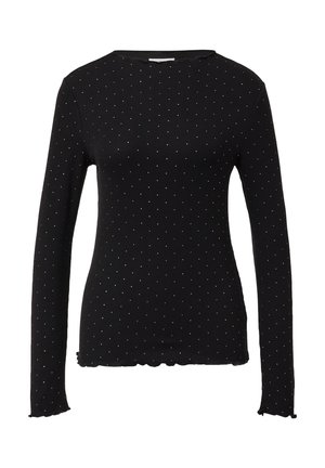 Zwarte lange mouwen top van ribgebreid materiaal met een klein zilveren stippenpatroon. Geschulpte onderrand en manchetten voegen textuur en detail toe.