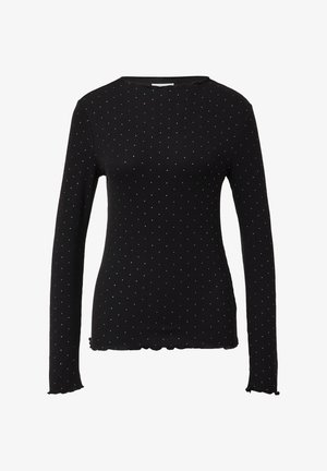 Schwarzes Langarmoberteil aus geripptem Stoff mit kleinem silbernen Punktmuster. Eine wellenförmige Saum- und Ärmelsäume sorgen für Textur und Details.