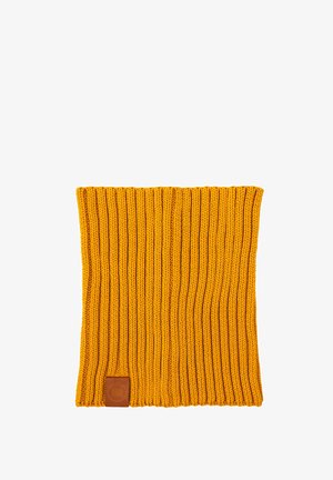 Żółty dziergany komin z pionowym żebrowaniem. Posiada skórzaną metkę na dole. Miękka faktura, cylindryczny kształt zapewniający ciepło.