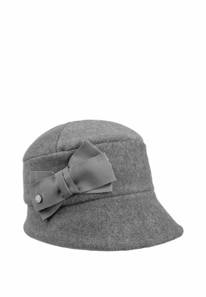Gray felt cloche hat with a wide brim and a large decorative bow on the side.