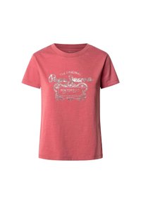 T-shirt en coton rouge à manches courtes. Présente un imprimé graphique argenté avec le texte « Pepe Jeans Portobello » dans un style décoratif.