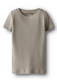 Kortærmet, ribbet t-shirt i en afdæmpet grå farve. Har en rund halsudskæring og en blød tekstur. Simpelt design uden yderligere detaljer.