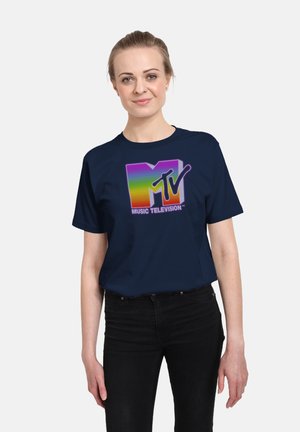 Navy blue t-shirt featuring a colorful MTV logo in gradient shades with "MUSIC TELEVISION" text below. Short sleeves, standard fit.