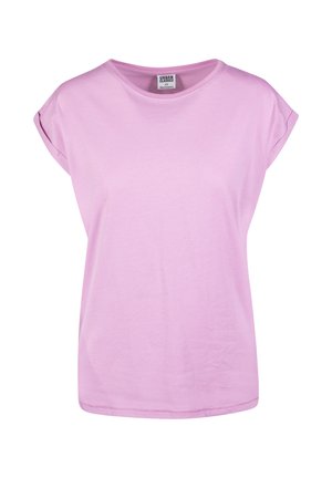 Rosa kurzärmliges Baumwoll-T-Shirt mit rundem Ausschnitt und aufgekrempelten Ärmeln. Glatte Textur; gerade Schnittführung ohne Verzierungen.