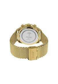 Goldfarbene Edelstahl-Uhr mit einem Mesh-Armband, rundem Gehäuse und drei Drückern. Auf der Rückseite ist eine silberne Basis mit den Markendetails zu sehen.