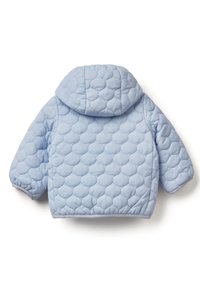 Světle modrá prošívaná bunda s kapucí, zaobleným nadýchaným designem a elastickými manžetami. Tkanina má hladký povrch s kruhovými vzory.