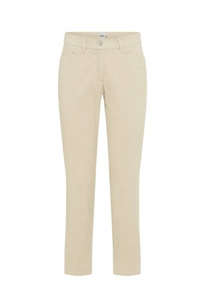 Beige Slim-Fit-Hosen mit Fronttaschen, Gürtelschlaufen und einem Knopfverschluss, vor einem weißen Hintergrund präsentiert.