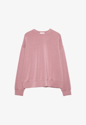 Light pink long-sleeve crewneck sweatshirt with dropped shoulders and ribbed cuffs and hem.