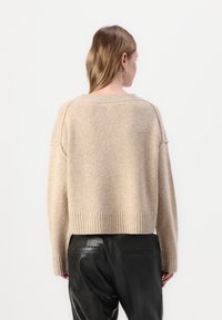 Beige lühike kampsun, mis on valmistatud pehmest kudumisest, ribaga äärte ja varrukatega. Kanna mustade nahkpükstega. Lihtne disain, minimaalsete detailidega.