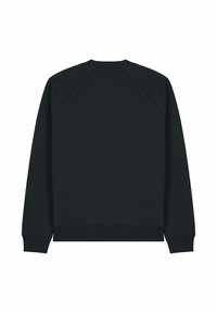 Felpa nera con maniche raglan, polsini e fondo a coste, e colletto rotondo. Texture liscia, design semplice, senza loghi o motivi visibili.