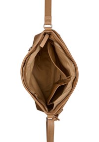 Tan leren handtas met een ritsopening, voorzien van een ruime binnenkant en meerdere compartimenten voor organisatie. Glad textuur.