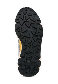 Semelle en caoutchouc avec un design texturé comportant des crampons triangulaires pour l'adhérence. Couleur : majoritairement noir avec quelques accents beiges.