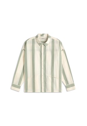 Long-sleeve button-up shirt with vertical green and cream stripes, classic collar, and striped cuffs laid flat on white background.