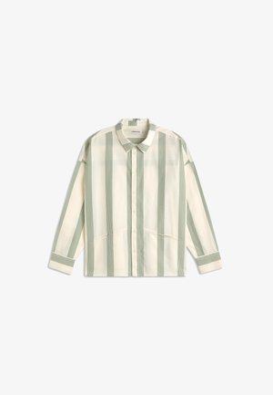 Long-sleeve button-up shirt with vertical green and cream stripes, classic collar, and striped cuffs laid flat on white background.