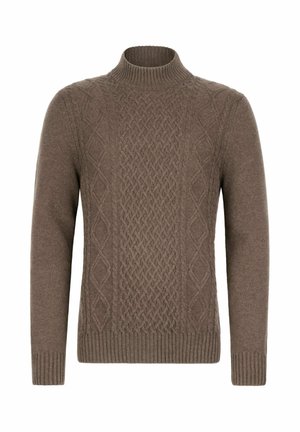 Brauner Strickpullover mit strukturiertem Kabelmuster, hochgeschlossenem Kragen und gerippten Bündchen und Saum. Aus weichem, warmem Material gefertigt.