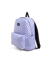 Purple checkerboard backpack with a front pocket, padded back, and adjustable black straps, crafted from durable fabric.