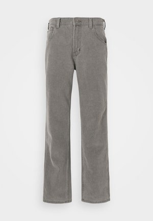 Graue weite Jeans aus weichem Baumwoll-Denim. Verfügt über vier Taschen, einen Reißverschluss und einen klassischen Bund mit Gürtelschlaufen.