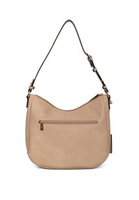 Borsa a spalla in pelle color cuoio con una texture liscia, forma curva, tracolla nera regolabile e una tasca con zip frontale per una conservazione sicura.