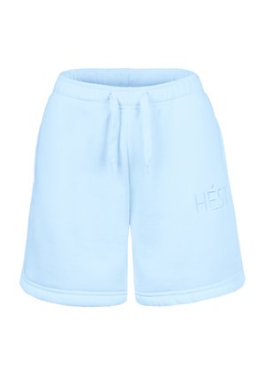 Lichtblauwe fleece shorts met elastische tailleband, trekkoord, omgeslagen zoom en subtiel merklogo op het rechterbeen.