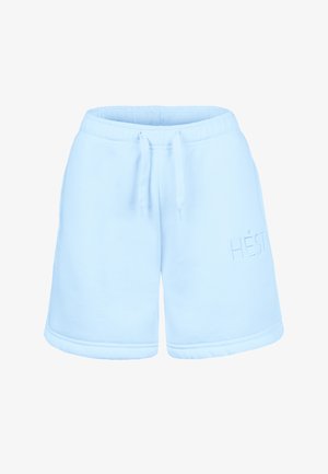 Lichtblauwe fleece shorts met elastische tailleband, trekkoord, omgeslagen zoom en subtiel merklogo op het rechterbeen.