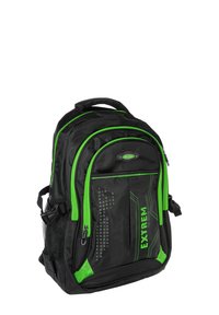 Zwarte rugzak met felgroene accenten, met rits voorziene compartimenten, een gaasvak en geprofileerde panelen. Voorzien van "EXTREM" tekst en een stevige handgreep.