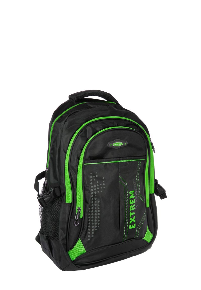 Zwarte rugzak met felgroene accenten, met rits voorziene compartimenten, een gaasvak en geprofileerde panelen. Voorzien van "EXTREM" tekst en een stevige handgreep.