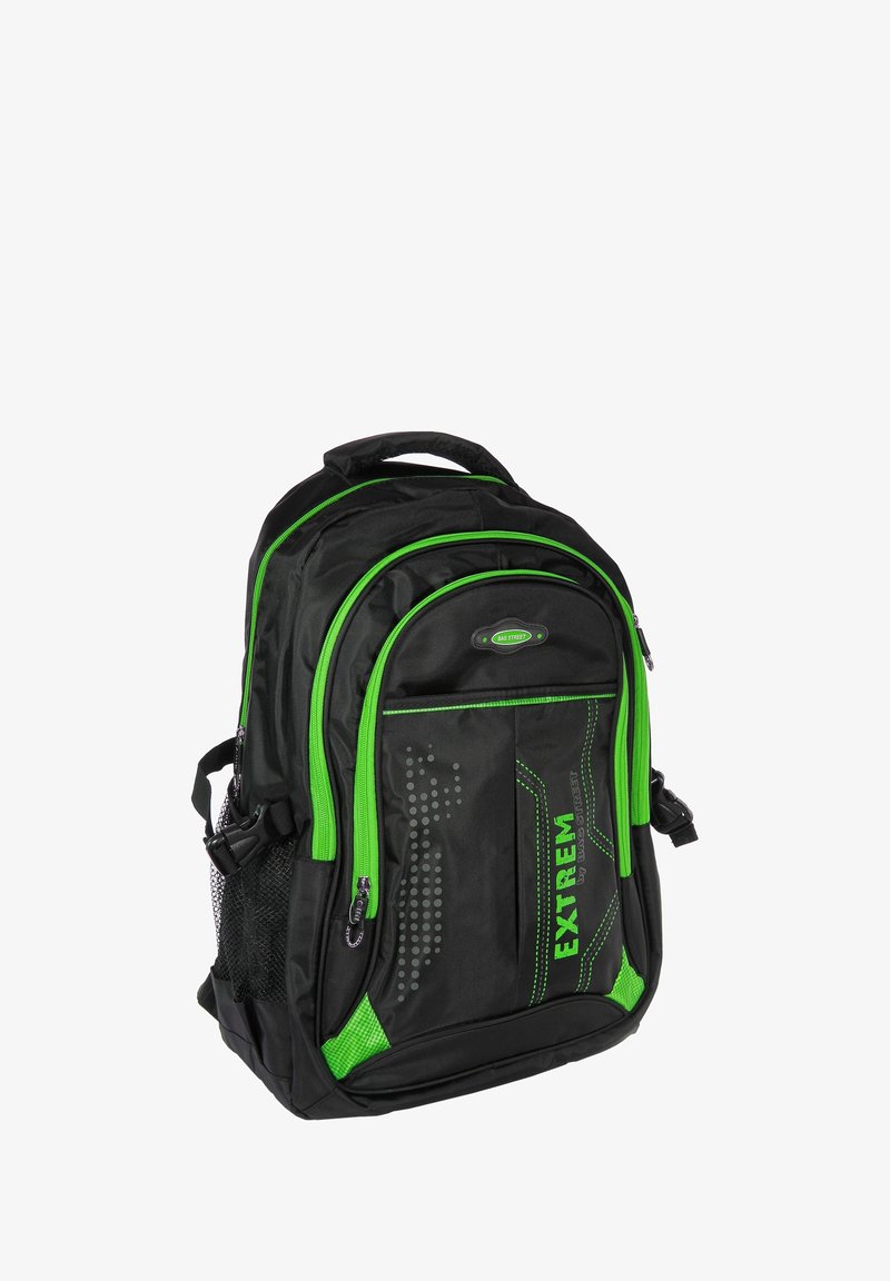 Zwarte rugzak met felgroene accenten, met rits voorziene compartimenten, een gaasvak en geprofileerde panelen. Voorzien van "EXTREM" tekst en een stevige handgreep.