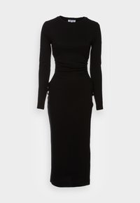 Musta pitkähihainen mekko ribbikankaasta, jossa on sivuvasteet nyöreillä ja istuva midi-pituus. Yksinkertainen, tyylikäs muotoilu.