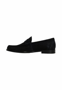 Navy suede loafer with stitched accent, rounded toe, and flat black sole. Features a decorative band across the front. Smooth texture.