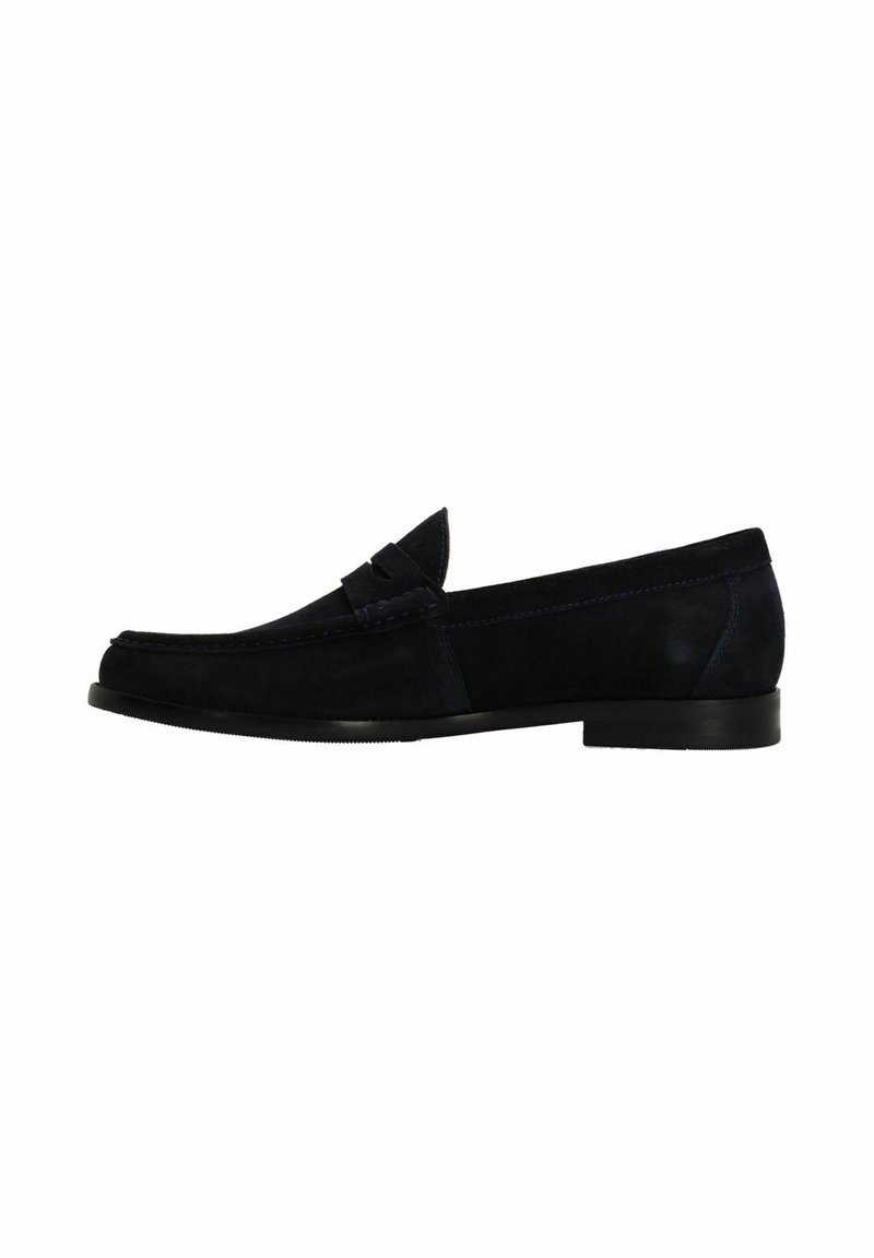 Navy suede loafer with stitched accent, rounded toe, and flat black sole. Features a decorative band across the front. Smooth texture.
