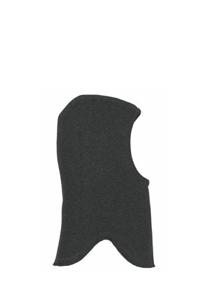 Mørkegrå strikket balaclava med stor åbning til ansigtet og opdelt nakke kant for dækning og varme.