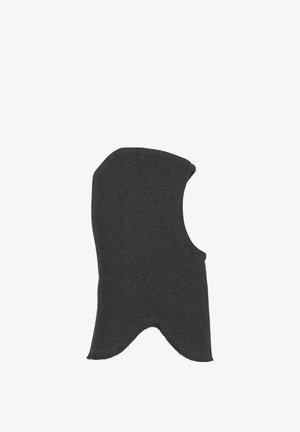 Cagoule en maille gris foncé avec une grande ouverture pour le visage et un ourlet fendu au niveau du cou pour couvrir et garder au chaud.